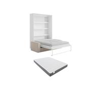 Vente-unique - Letto a scomparsa 160x200 cm - apertura verticale manuale - con led - bianco e naturale + divano in tessuto a coste beige + materasso - Rapili