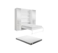 Vente-unique - Letto a scomparsa verticale 140 x 200 cm, 2 colonne portaoggetti, con specchi e LED, bianco + materasso, Rapili