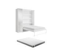 Vente-unique - Letto a scomparsa verticale 160x200 cm 1 vano portaoggetti con specchio e LED bianco + materasso Rapili