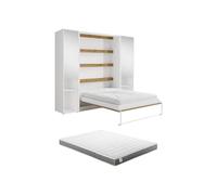 Vente-unique - Letto a scomparsa verticale 160x200 cm, 2 colonne portaoggetti, con specchi e LED, bianco e naturale + materasso, Rapili