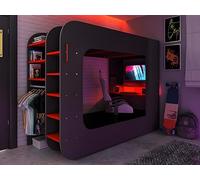 Vente-unique-Letto a soppalco gamer con scrivania, scomparti e LED 90 x 200 cm Antracite e Rosso - WARRIOR