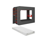 Vente-unique - Letto a soppalco Gamer + Materasso con scrivania, Scomparti e LED 90 x 200 cm Antracite e Rosso - Warrior