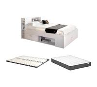Vente-unique - Letto con testata con vani portaoggetti e cassetti 140 x 190 cm: Bianco + Rete + Materasso LEANDRE