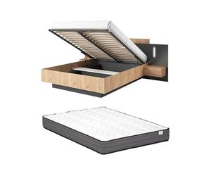 Vente-unique - Letto con vano e comodini + Materasso - 2 cassetti - con LED - 160 x 200 cm - le e Antracite - FRANCOLI