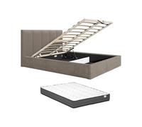 Vente-unique-Letto contenitore 180 x 200 cm testata letto impunture verticali Tessuto Tortora Con materasso - KILACLO