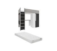 Vente-unique Letto Mezzanine Nicola II - 90 x 200 cm - con Armadio e Scrivania - Antracite e Bianco + Materasso