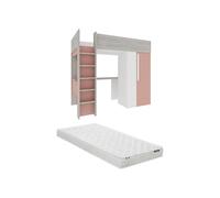 Vente-unique Letto Mezzanine Nicolas, 90 x 200 cm, con Armadio e Ufficio, Rosa e Bianco + Materasso