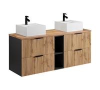 Vente-unique - Meuble de Salle de Bain Suspendu strié avec niches et Double Vasque à Poser carrée - Naturel Clair - L140 cm - MADELA