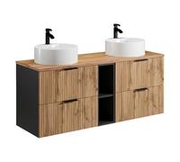 Vente-unique - Meuble de Salle de Bain Suspendu strié avec niches et Double Vasque à Poser Ronde - Naturel Clair - L140 cm - MADELA