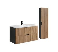 Vente-unique - Meuble de Salle de Bain Suspendu strié avec Vasque à encastrer et Colonne - Naturel Clair et Noir - 100 cm - MADELA