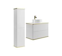Vente-unique-Mobile bagno sospeso con scanalature con lavabo d'appoggio tondo e colonna - Bianco - 80 cm - KELIZA