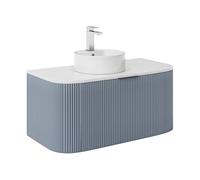 Vente-unique-Mobile bagno sospeso con scanalature e lavabo da appoggio e rubinetto Blu opaco 100 cm - LOMERI