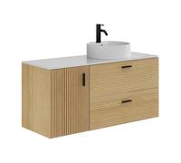 Vente-unique-Mobile bagno sospeso scanalato con lavabo da appoggio rotondo - 1 anta e 2 cassetti - le chiaro - 120 cm - SARONE