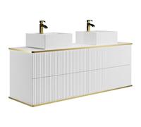 Vente-unique-Mobile bagno sospeso scanalature profilo dorato doppio lavabo da appoggio quadrato 4 cassetti 150 cm Bianco - KELIZA