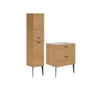 Vente-unique-Mobile da bagno scanalato su piedini con lavabo da incasso e colonna - 2 cassetti - le chiaro - 60 cm - SARONE