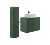 Vente-unique-Mobile per bagno sospeso con scanalature con lavabo da appoggio quadrato e colonna - Verde opaco - 80 cm - ZEVINI