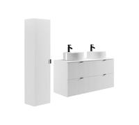 Vente-unique-Mobile per bagno sospeso con scanalature con lavabo da appoggio rotondo e colonna - Bianco opaco - 120 cm - ZEVINI
