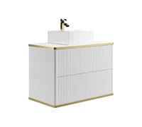 Vente-unique-Mobile per bagno sospeso con scanalature con profilo Dorato e lavabo da appoggio Bianco 80 cm - KELIZA