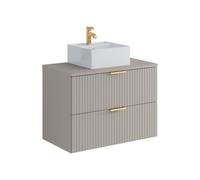 Vente-unique-Mobile per bagno sospeso con scanalature e lavabo da appoggio quadrato 80 cm Beige - ZEVARA