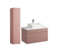 Vente-unique-Mobile per bagno sospeso scanalato con lavabo da appoggio e colonna - 80 cm - Rosa - SATARA