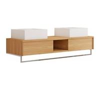 Vente-unique - Mobile sospeso in legno teak con portasciugamani e doppio lavabo da appoggio quadrato in ceramica - 140 cm - KUPANG
