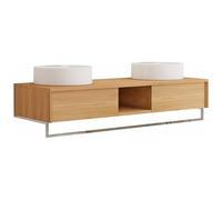 Vente-unique - Mobile sospeso in legno teak con portasciugamani e doppio lavabo da appoggio rotondo in ceramica - 140 cm - KUPANG