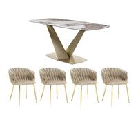 Vente-unique-Set tavolo PORELIMA + 4 sedie Effetto marmo Bianco e Beige