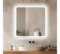 Venti Specchio Bagno Bagno Quadrato 60x60cm Luce LED, Specchio Bagno Retroilluminato, con Interruttore Touch, Angoli arrotondati con luce LED Frontale Bianca Naturale