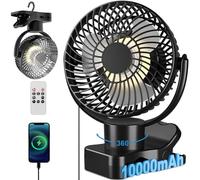 Ventilatore a clip oscillante a 360° con telecomando - 10000 mAh batteria USB portatile - funzione timer & 4 livelli silenziosi ventilatore da campeggio - Luce LED Mini Fan 75 ore, Ø 17,5 cm