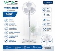 V-Tac VT-4016-3 Ventilatore a Piantana 40W 3 Pale in Plastica Colore Bianco Altezza 1200mm - SKU 7922