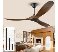 Ventilatore a Soffitto in Legno Senza Luce 132 cm per Interno/Esterno, Con Telecomando, Motore DC Ultra Silenzioso Reversibile a 6 Velocità, 3 Pale - Per Camera da Letto, Veranda e Gazebo Piccoli