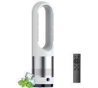 Ventilatore a torre caldo e freddo con purificatore d'aria, telecomando, 8 velocità, timer 8H, ventilatore oscillante senza pale da 18 pollici, ventilatore per la circolazione dell'aria per cas white