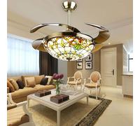 Ventilatore con Luce da Soffitto Pale a Scomparsa in Stile Tiffany, 107cm Lampadario LED con Ventilatore da Soffitto Vintage, Ventilatore a Lampadario Tre Temperature di Colore 6 Velocità-Brown
