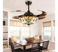 Ventilatore con Luce da Soffitto Pale a Scomparsa in Stile Tiffany, 107cm Lampadario LED con Ventilatore da Soffitto Vintage, Ventilatore a Lampadario Tre Temperature di Colore 6 Velocità-Black
