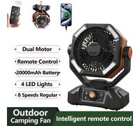 Ventilatore da campeggio con lanterna a 4 LED Ventilatore da tavolo a tempo regolare a 8 velocità Batteria da 20000 mAh Ventilatore esterno portatile per la pesca in campeggio all'aperto Orange