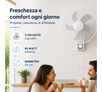 Ventilatore da Muro 43 cm Silenzioso 3 Velocità 65Watt a Parete Bianco