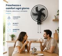 Ventilatore da Muro 43 cm Silenzioso 3 Velocità 65Watt a Parete Nero