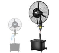 Ventilatore da pavimento, ventilatore industriale a piantana con nebulizzatore, oscillazione ad ampio angolo e raffreddamento ad alta velocità, ideale per esterni e spazi commerciali.