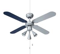 Ventilatore da soffitto a LED con interruttore a fune ventilatore avanti/indietro pale reversibili, spot mobili, legno grigio argento/blu scuro, 3x LED 3W 220Lm bianco caldo, P 102 cm