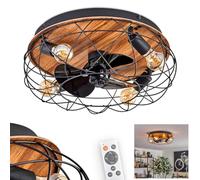 Ventilatore da soffitto a LED Tourais, ventilatore in metallo/MDF nero/effetto legno, plafoniera dal design retrò/vintage con effetto griglia, luce e telecomando, soggiorno, camera letto, sala pranzo