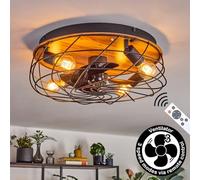 Ventilatore da soffitto a LED Tourais, ventilatore in metallo/MDF nero/effetto legno, plafoniera dal design retrò/vintage con effetto griglia, luce e telecomando, soggiorno, camera letto, sala pranzo