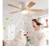 Ventilatore da soffitto con illuminazione e telecomando, 5 pale, 6 velocità, timer 1/4/8 ore, LED dimmerabile, funzionamento estivo e invernale per soggiorno, camera da letto (colore legno chiaro, 5