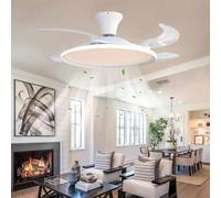 Ventilatore da soffitto moderno bianco da 107 cm con luci e telecomando, pale retrattili e lampade LED intelligenti, motore DC dimmerabile a 6 velocità da 66 W, design silenzioso per camera da letto/