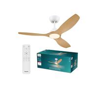 Philips Olas ventilatore a soffitto, illuminazione LED, 3 pale, 132 cm di diametro, 2650 lumen, luce bianca tunabel da 3000 K a 6500 K, intensità regolabile al 5%, telecomando incluso, bianco/legno
