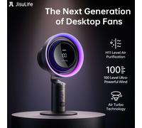 Ventilatore da Tavolo JISULIFE con Purificatore d'Aria e Luce RGB, Ventilatore Oscillante Turbo con Filtro HEPA H11, 100 Velocità del Vento, Batteria da 10000mAh, Ventilatore da Scrivania