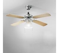 Ventilatore Metallo Cromo Spazzolato 1 Luce E27 4 Pale Legno Bianco Noce Gemini