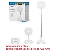 Trebs 99380 Ventilatore da tavolo - Portatile e alimentato a batteria - Supporto telescopico - Batteria 10000 mAh - 4 velocità - Bianco