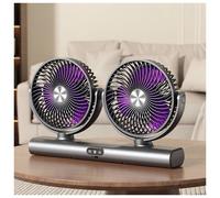 Ventilatore senza fili a doppia testa, ricaricabile tramite USB, con luce e gancio, ruotabile a 360, circolatore d'aria per casa e ca