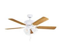EGLO Ventilatore da soffitto Las Palmas, cinque pale con luce, interruttore a strappo, pale reversibili in legno laminato bianco o rovere, corpo in acciaio nichel satinato, motore AC, Ø 132cm