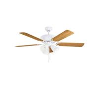 EGLO Ventilatore da soffitto Las Palmas, cinque pale con luce, interruttore a strappo, pale reversibili in legno laminato bianco o rovere, corpo in acciaio nichel satinato, motore AC, Ø 132cm